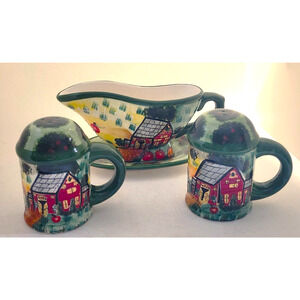 SALT & PEPPER & GRAVY POURER SET-Farmhouse Motif-Large Shakers-Set of 3